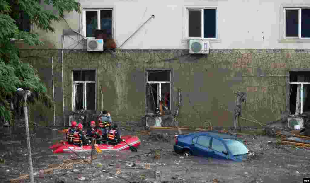 Rescuers try to figure out what to do with a runaway bear that found itself perched precariously on the ledge of a flooded building on a Tbilisi street. Police have shot dead several animals over safety concerns, with six wolves killed at a children's hospital, according to broadcaster Rustavi 2.