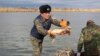 Сотрудник рыбоохраны выбрасывает конфискованную рыбу на берег. Атырау, 5 ноября 2017 года.