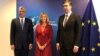Presidenti i Kosovës, Hashim Thaçi, ai i Serbisë Aleksandar Vuçiq dhe shefja e BE-së, Federica Mogherini, pas takimit të 3 qershorit në Bruksel. 