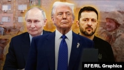 Președintele SUA, Donald Trump (centru), președintele rus Vladimir Putin (stânga), președintele ucrainean Volodimir Zelenski (dreapta) - ilustrație RFE/RL.