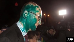 Liderul de opoziție Arseni Iațeniuk vorbind presei după ce a fost atacat cu zelionka in Harkov, pe 12 februarie.